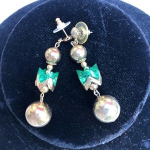 Mid Century Gold Tone Balls Artsy Emerald Green Acrylic Earrings